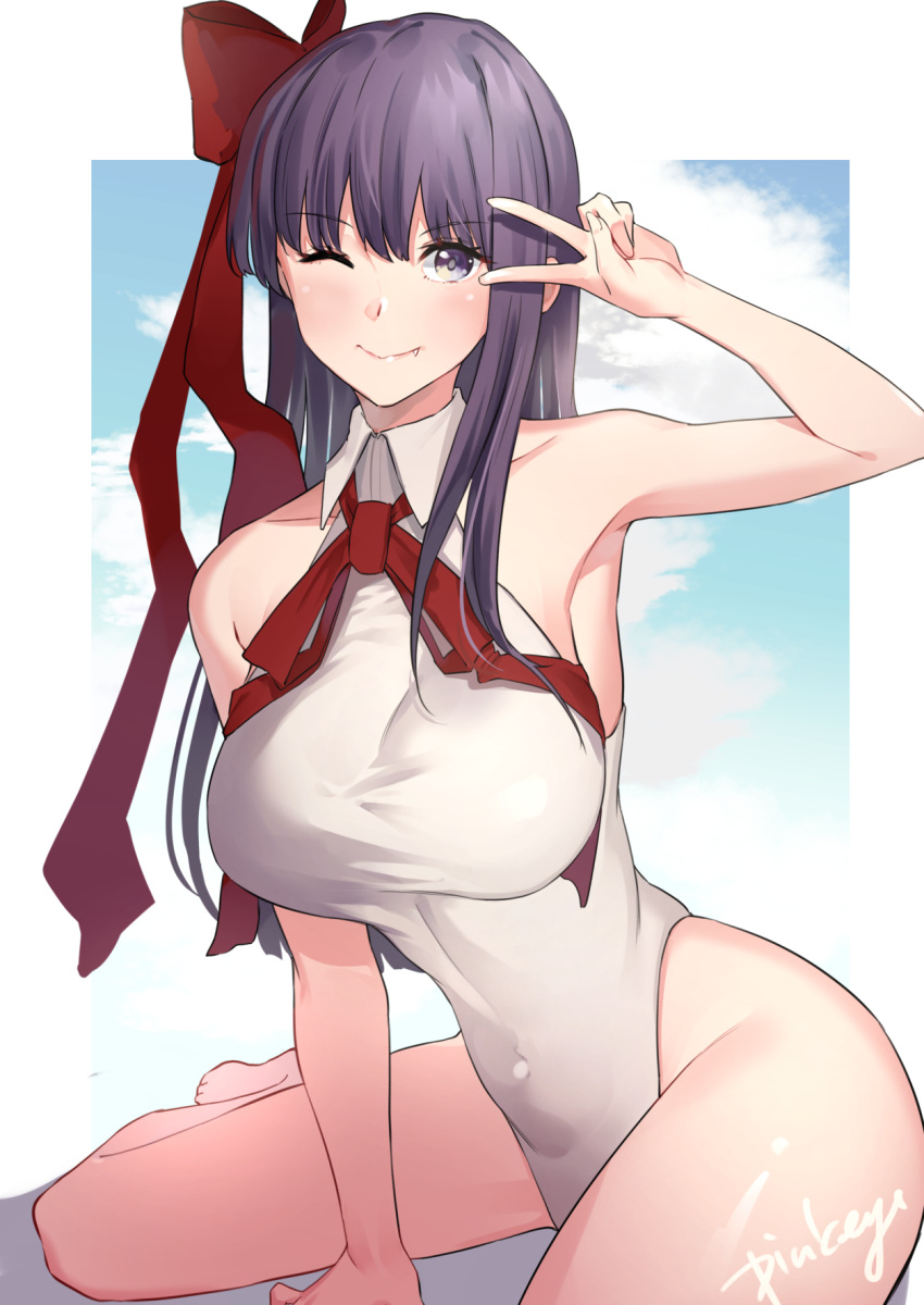 1girl ;) armpits bangs barefoot bb_(fate)_(all) bb_(fate/extra_ccc) breasts covered_navel eyebrows_visible_through_hair fang fang_out fate/extra fate/extra_ccc fate_(series) hair_ribbon highres large_breasts leotard long_hair looking_at_viewer mitsukichi one_eye_closed purple_hair ribbon smile solo v violet_eyes war