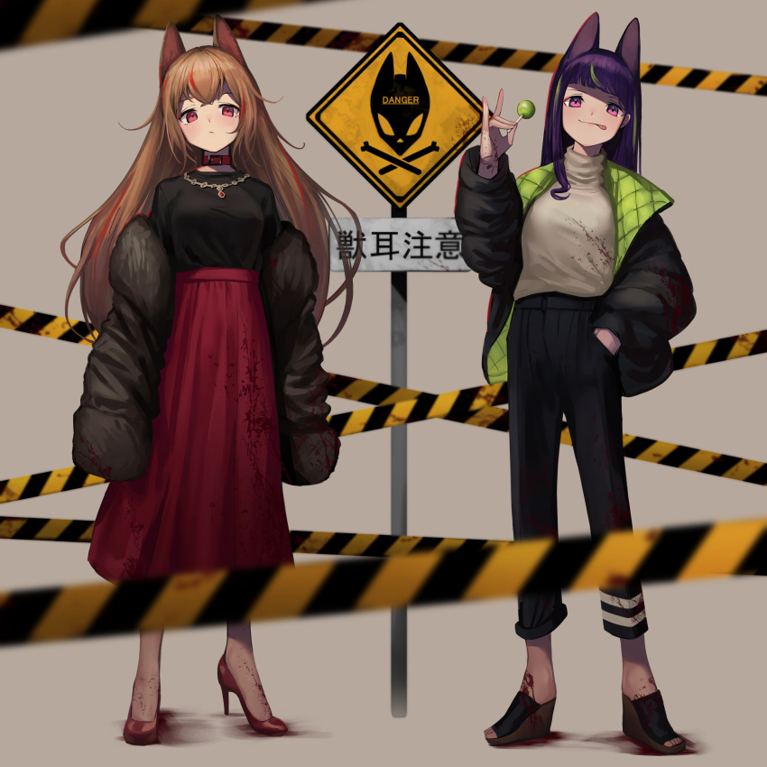 2girls :p absurdres animal_ears bangs black_footwear black_jacket black_pants black_shirt blood bloody_clothes blush brown_background brown_hair candy closed_mouth commentary_request eyebrows_visible_through_hair food fox_ears fox_shadow_puppet fur-trimmed_jacket fur_trim grey_shirt hand_in_pocket hand_up high-waist_skirt high_heels highres holding holding_food holding_lollipop jacket lollipop long_hair long_skirt long_sleeves miyama_(tokiwairo8) multicolored_hair multiple_girls off_shoulder original pants pleated_skirt puffy_long_sleeves puffy_sleeves purple_hair red_eyes red_footwear red_skirt redhead shadow shirt shoes sign skirt smile standing streaked_hair tongue tongue_out translated very_long_hair violet_eyes