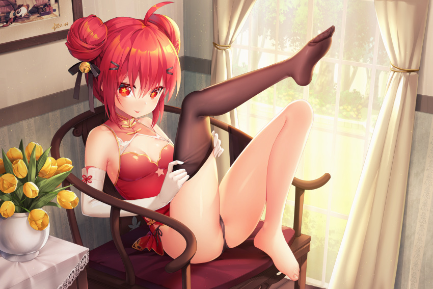 1girl :p ahoge armchair ass bare_shoulders barefoot bell black_bow black_panties blush bow breasts brown_legwear chair china_dress chinese_clothes closed_mouth curtains day double_bun dress dressing elbow_gloves flower full_body gloves hair_bell hair_bow hair_ornament hairclip highres indoors jingle_bell leg_up looking_at_viewer mvv no_shoes on_chair original panties red_dress red_eyes redhead single_thighhigh sleeveless sleeveless_dress small_breasts smile solo star star-shaped_pupils sunlight symbol-shaped_pupils thigh-highs toenails tongue tongue_out transparent tulip underwear vivian_(mvv) white_gloves yellow_flower yellow_tulip