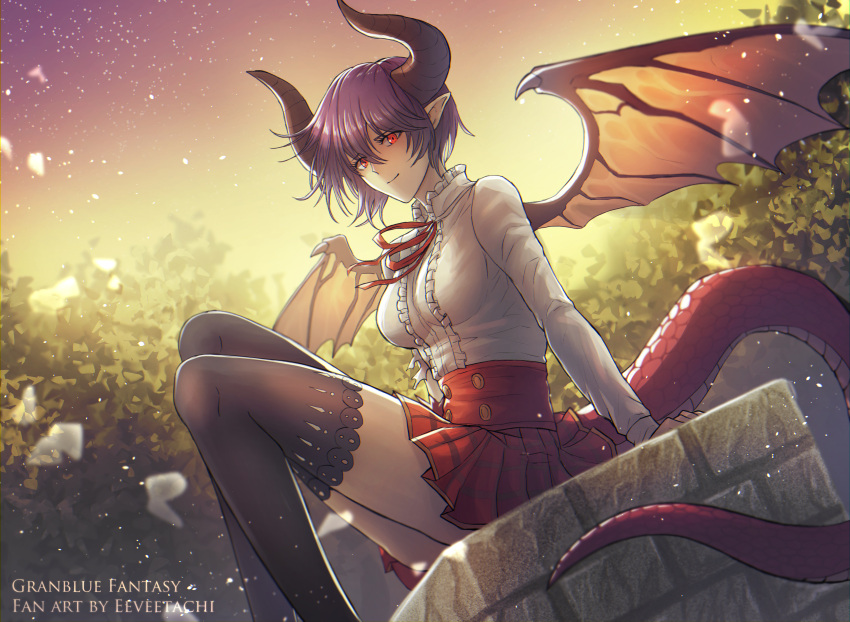 1girl absurdres ahoge artist_name black_legwear blush breasts brown_horns copyright_name dragon_girl dragon_horns dragon_tail dragon_wings eeveetachi frills granblue_fantasy grea_(shingeki_no_bahamut) highres horns huge_filesize large_breasts long_sleeves looking_at_viewer outdoors pointy_ears purple_hair red_eyes red_ribbon red_skirt ribbon shirt short_hair sitting skirt solo tail thigh-highs thighs twilight white_shirt wings