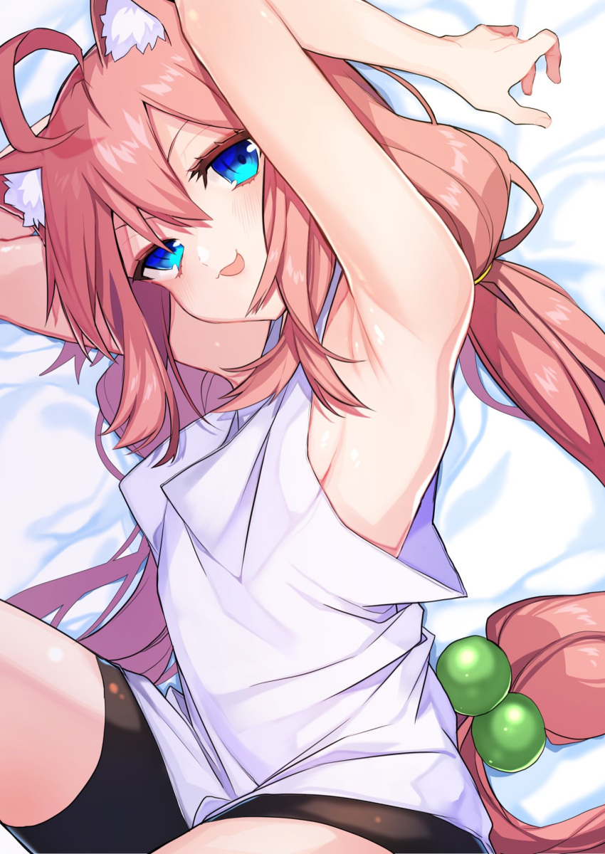 1girl ahoge animal_ear_fluff animal_ears armpits arms_up bike_shorts black_shorts blue_eyes breasts cat_ears girusyu1945 hair_bobbles hair_ornament highres hinata_channel long_hair low_twintails lying nekomiya_hinata on_side open_mouth pink_hair shorts sideboob small_breasts smile solo tank_top thighs twintails very_long_hair white_tank_top