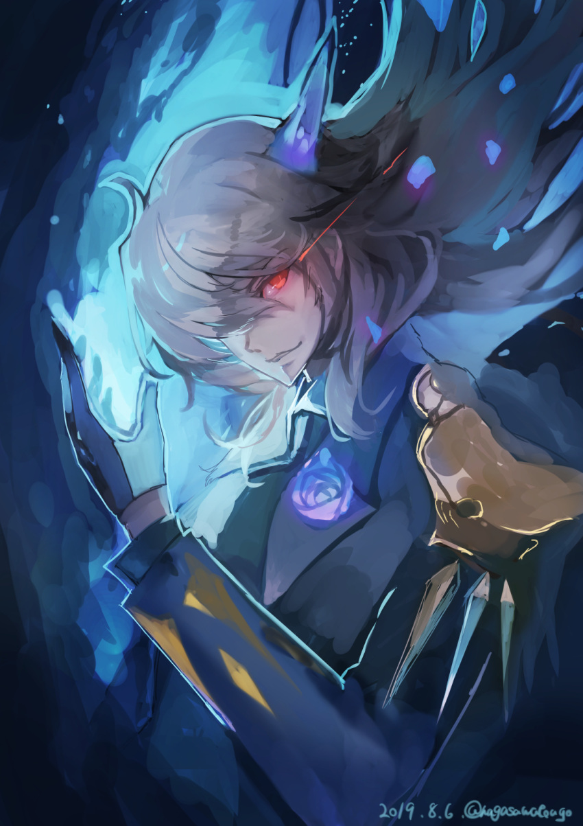 1boy abyssal_chain_clown_oni bangs blue_background blue_flower dated flower gloves glowing glowing_eye hair_over_one_eye highres horn kantai_collection long_hair long_sleeves male_focus nagasawa_tougo purple_suit rose shinkaisei-kan shoulder_blades twitter_username white_gloves white_hair white_skin