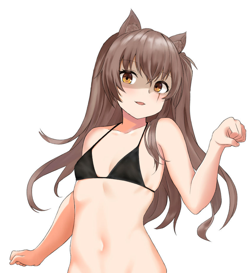 1girl absurdres animal_ears bangs bare_arms bare_shoulders bikini_top black_bikini_top blush boxreeema breasts brown_hair cat_ears cat_girl collarbone commentary_request eyebrows_visible_through_hair girls_frontline hair_ornament hair_over_shoulder head_tilt highres kemonomimi_mode long_hair navel open_mouth parted_lips paw_pose ponytail scar scar_across_eye shaded_face side_ponytail simple_background small_breasts smile solo stomach string_bikini ump45_(girls_frontline) unaligned_breasts upper_body white_background yellow_eyes