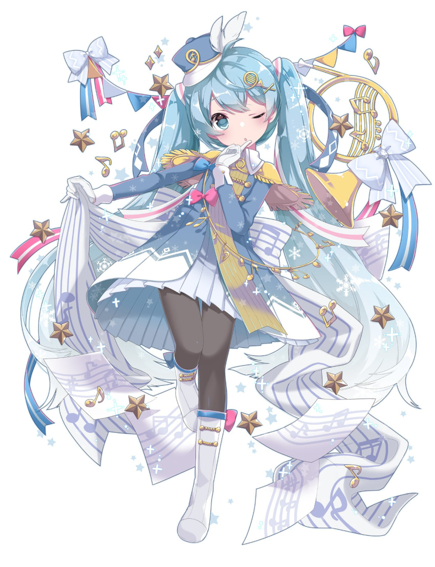 1girl :o aqua_eyes aqua_hair band_uniform beamed_eighth_notes blush boot_bow boots bow commentary dress dress_bow eighth_note epaulettes finger_to_mouth flag french_horn fringe_trim gloves gradient_hair hair_ornament hat hat_feather hatsune_miku hekicha highres holding holding_ribbon index_finger_raised instrument knee_boots leg_up long_hair multicolored_hair musical_note one_eye_closed ribbon sharp_sign snowflake_print snowflakes solo sparkle staff_(music) star thigh-highs twintails uniform very_long_hair vocaloid white_gloves white_hair whole_note yuki_miku yuki_miku_(2020)