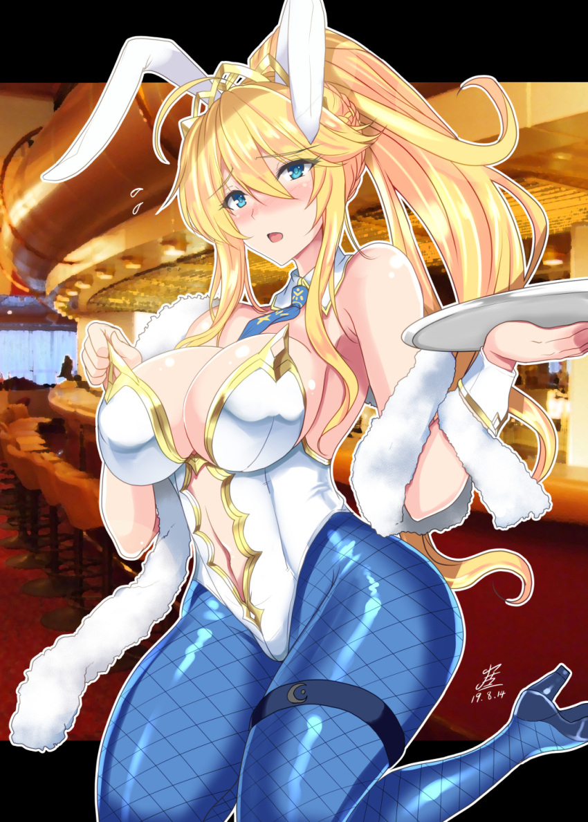 1girl alternate_eye_color animal_ears artoria_pendragon_(all) bar bar_stool bare_shoulders blue_legwear blurry blush breasts bunny_girl bunnysuit commentary_request counter depth_of_field detached_collar embarrassed fake_animal_ears fate/grand_order fate_(series) fishnet_pantyhose fishnets full_body high_heels highres indoors large_breasts leotard looking_at_viewer nose_blush open_mouth pantyhose rabbit_ears sideboob solo stool tray white_leotard wrist_cuffs yasakani_an