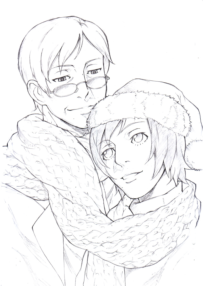 1boy 1girl age_difference cozmorangear glasses greyscale hat hetero highres lineart looking_at_another monochrome nicoletta_(ristorante_paradiso) old_man paradiso_santo_claudio parted_lips ristorante_paradiso santa_hat scarf shared_scarf short_hair standing traditional_media
