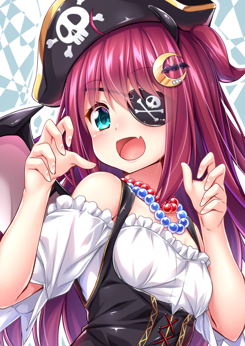 1girl :d absurdres bare_shoulders bat_hair_ornament bat_wings bead_necklace beads black_wings blue_eyes blush breasts commentary_request crescent crescent_hair_ornament eyepatch fang fingernails frilled_shirt frills hair_ornament hands_up hat highres jewelry long_hair necklace nijisanji off-shoulder_shirt off_shoulder open_mouth pirate pirate_hat redhead shirt short_sleeves skull_and_crossbones small_breasts smile solo underbust very_long_hair virtual_youtuber wakagi_repa white_shirt wings yuzuki_roa