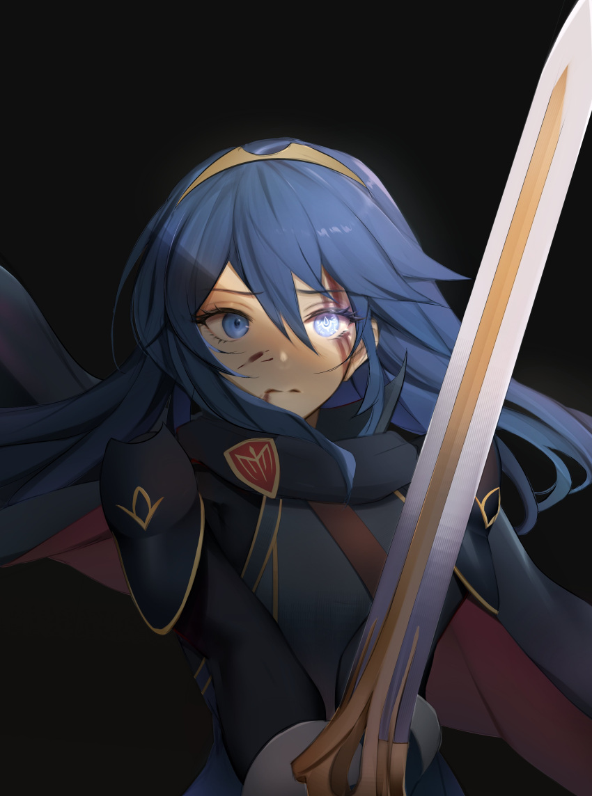 1girl absurdres armor blue_eyes blue_hair blush cape ei1han falchion_(fire_emblem) fingerless_gloves fire_emblem fire_emblem:_kakusei fire_emblem_awakening gloves hair_between_eyes highres intelligent_systems long_hair looking_at_viewer lucina lucina_(fire_emblem) nintendo simple_background solo super_smash_bros. sword tears tiara weapon