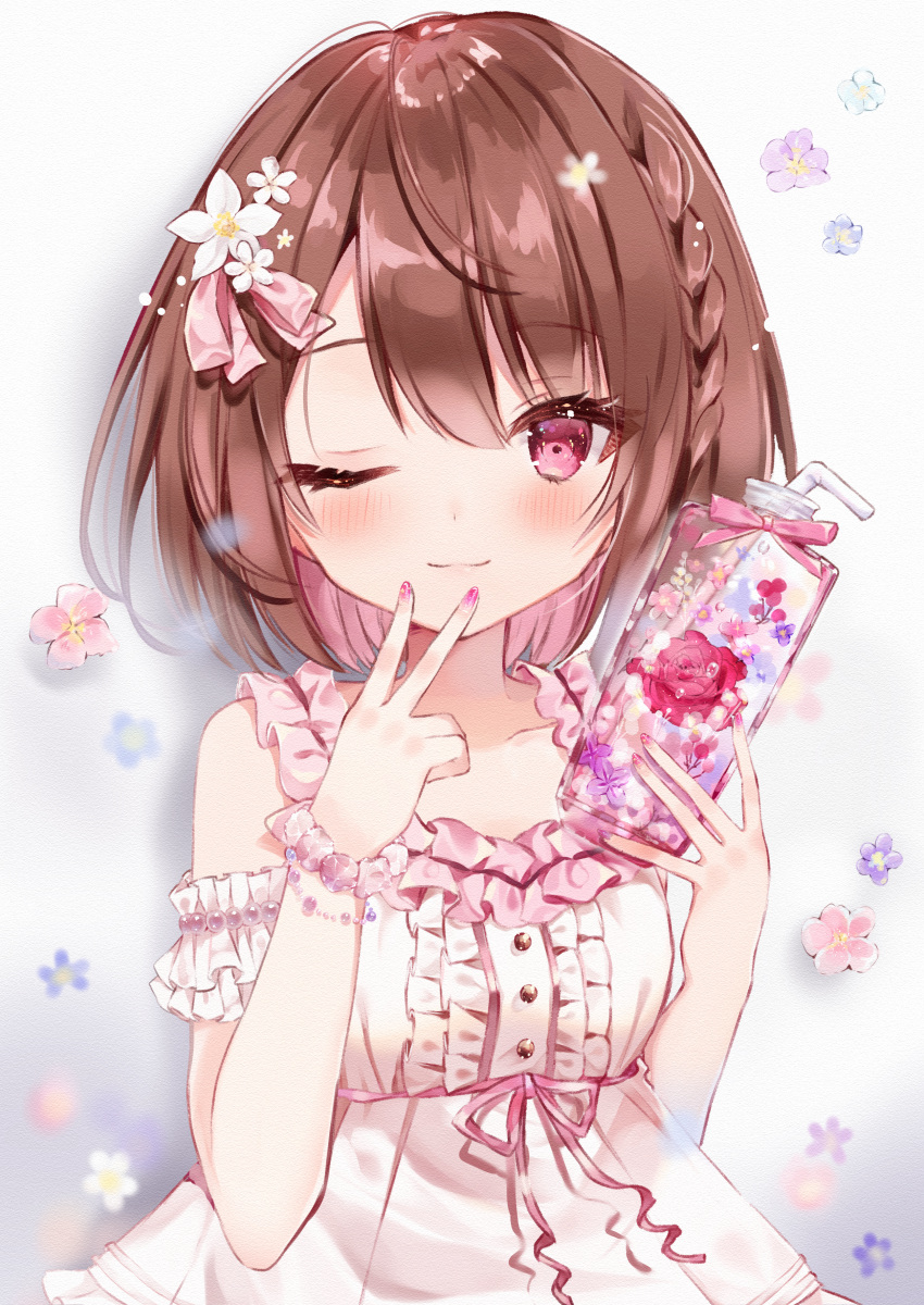 1girl ;) absurdres bangs bare_shoulders bendy_straw blush bottle breasts brown_hair center_frills closed_mouth collarbone commentary_request dress drinking_straw eyebrows_visible_through_hair fingernails floral_background flower frills grey_background hair_between_eyes hand_up highres holding holding_bottle huge_filesize kotamun looking_at_viewer multicolored_hair nail_polish one_eye_closed original pink_flower pink_hair pink_ribbon purple_flower purple_nails red_flower red_rose ribbon rose sleeveless sleeveless_dress small_breasts smile solo two-tone_hair uponwww v violet_eyes white_dress