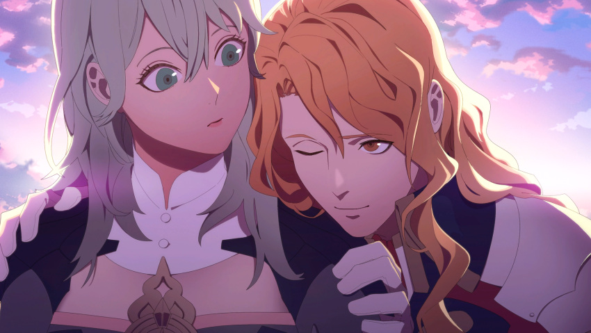 1boy 1girl armor byleth_(fire_emblem) byleth_eisner_(female) collar eyebrows_visible_through_hair ferdinand_von_aegir fire_emblem fire_emblem:_three_houses game_cg green_eyes green_hair highres kurahana_chinatsu long_hair official_art one_eye_closed orange_eyes orange_hair ornament smile tagme