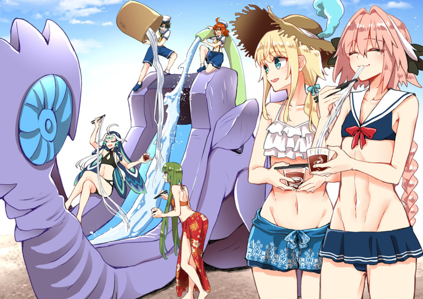 1girl 2others 3boys ahoge androgynous asazuki_norito astolfo_(fate) bangs bare_shoulders bikini black_bikini black_bow black_hair blonde_hair blue_bikini blue_eyes blue_hair blue_skirt blush bow braid chevalier_d'eon_(fate/grand_order) chopsticks closed_eyes closed_mouth collarbone crossed_legs cup eating enkidu_(fate/strange_fake) eyeliner fate/apocrypha fate/grand_order fate/strange_fake fate_(series) food frilled_bikini_top fujimaru_ritsuka_(female) fujimaru_ritsuka_(male) green_hair hair_between_eyes hair_intakes hat long_braid long_hair looking_to_the_side makeup miniskirt multicolored_hair multiple_boys multiple_others navel noodles one_side_up open_mouth orange_bikini orange_eyes orange_hair otoko_no_ko pink_hair ponytail qin_shi_huang_(fate/grand_order) sailor_collar sarong side_ponytail sidelocks single_braid skirt smile straw_hat streaked_hair swimsuit thighs two-tone_hair very_long_hair water_slide white_bikini_top white_hair