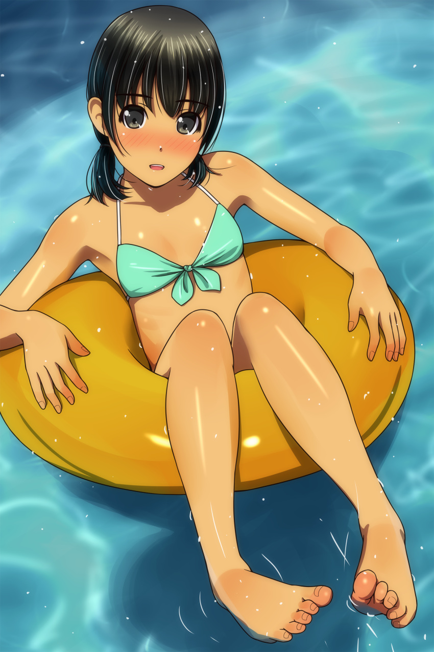 1girl absurdres bangs bare_arms bare_legs bare_shoulders barefoot bikini black_eyes black_hair blush breasts collarbone day eyebrows_visible_through_hair fingernails front-tie_bikini front-tie_top green_bikini hair_over_shoulder halter_top halterneck highres innertube looking_at_viewer low_twintails matsunaga_kouyou nose_blush original outdoors parted_lips small_breasts smile solo swimsuit toenails toes twintails upper_teeth water