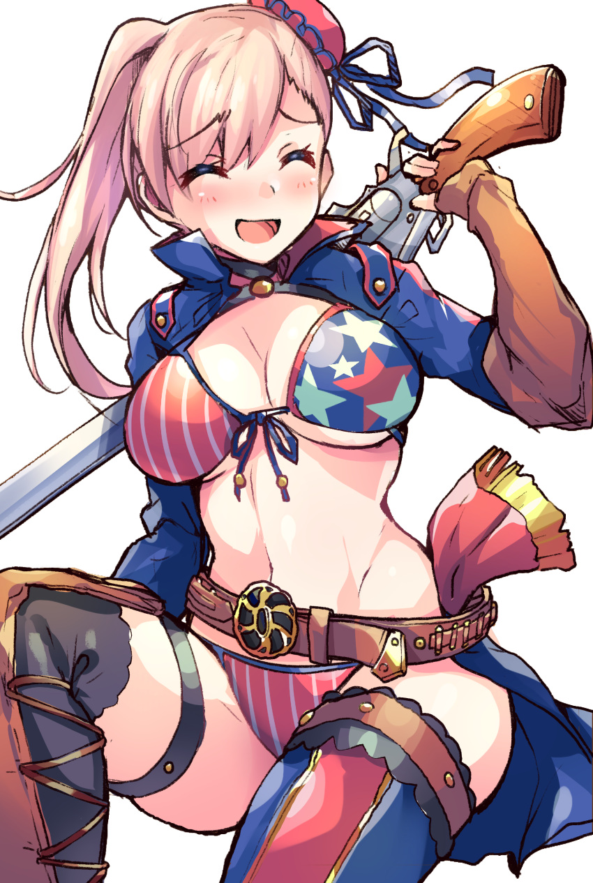 1girl ^_^ absurdres american_flag_bikini bangs belt bikini blush breasts bun_cover closed_eyes commentary_request cowboy_shot crop_top eyebrows_visible_through_hair fate/grand_order fate_(series) flag_print gunblade hair_between_eyes hair_bun highres holding large_breasts long_hair miyamoto_musashi_(fate/grand_order) miyamoto_musashi_(swimsuit_berserker)_(fate) navel open_mouth pink_hair samoore simple_background sitting skindentation solo string_bikini swept_bangs swimsuit thigh-highs thigh_strap weapon white_background