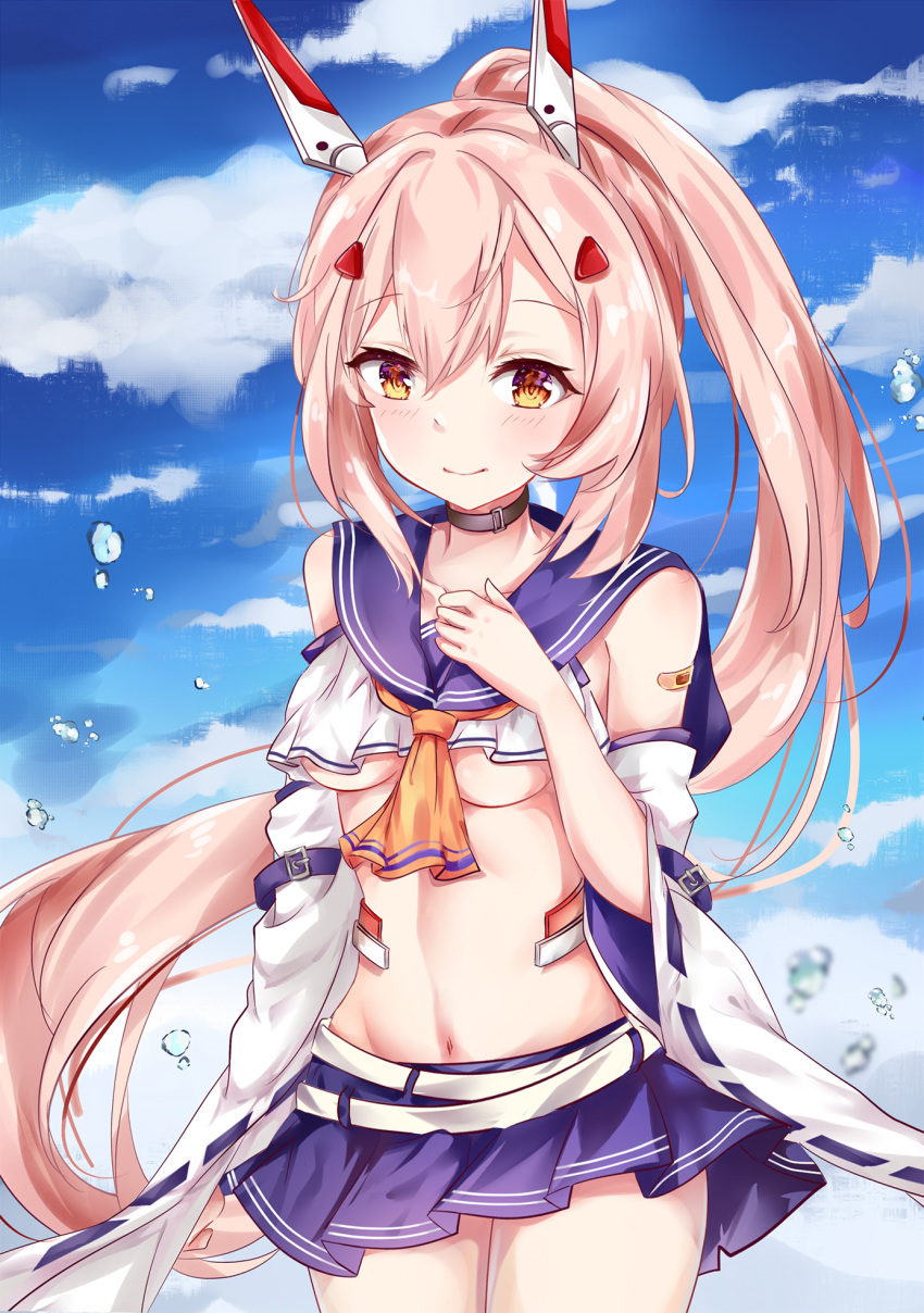 1girl ayanami_(azur_lane) azur_lane bare_shoulders black_choker blue_sailor_collar blue_skirt blue_sky blush breasts brown_hair choker closed_mouth clouds cloudy_sky collarbone commentary_request crop_top day detached_sleeves hair_ornament hairclip hand_up headgear high_ponytail highres long_hair long_sleeves looking_at_viewer medium_breasts mutang navel outdoors pleated_skirt ponytail retrofit_(azur_lane) sailor_collar school_uniform serafuku shirt skirt sky smile solo under_boob very_long_hair white_shirt white_sleeves wide_sleeves