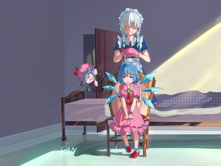 3girls absurdres apron artist_name ascot bangs bed blanket blood blue_dress blue_eyes blue_hair bobby_socks bow braid brooch chair chinese_commentary cirno clenched_teeth commentary_request cosplay crying crying_with_eyes_open door dress eyebrows_visible_through_hair frilled_apron frills gaanzi grin hair_between_eyes hat hat_bow highres holding holding_hat ice ice_wings indoors izayoi_sakuya jewelry looking_at_viewer maid maid_headdress mob_cap multiple_girls neck_ribbon nosebleed open_mouth petticoat pink_dress pink_headwear plaid puffy_short_sleeves puffy_sleeves red_bow red_eyes red_footwear red_neckwear red_ribbon red_sash remilia_scarlet remilia_scarlet_(cosplay) ribbon sash shaded_face shadow shoes short_hair short_sleeves signature silver_hair sitting smile socks standing tears teeth touhou twin_braids unmoving_pattern waist_apron white_apron white_legwear wings wrist_cuffs