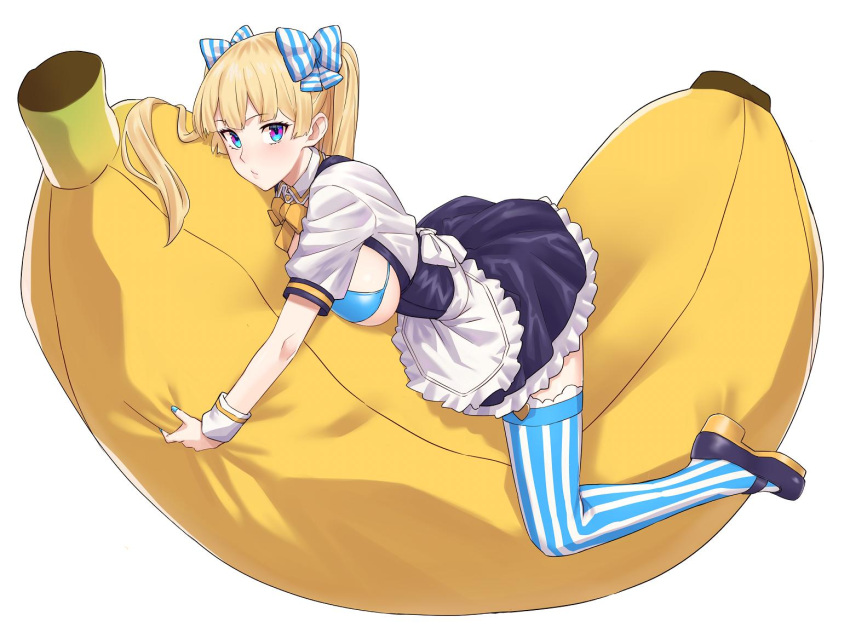 1girl apron banana_boat bikini_top blonde_hair blue_bikini_top blue_eyes blush breasts large_breasts lina_(michihasu) long_hair lying maid_apron maid_dress michihasu multicolored multicolored_eyes nail_polish on_stomach original parted_lips ribbon shoes solo striped striped_legwear striped_ribbon twintails very_long_hair wavy_mouth wrist_cuffs yellow_neckwear yellow_theme