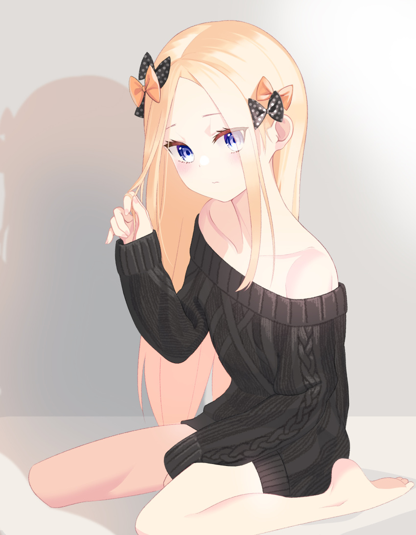 1girl abigail_williams_(fate/grand_order) absurdres bangs bare_shoulders barefoot black_bow black_sweater blonde_hair blue_eyes blush bow breasts closed_mouth collarbone fate/grand_order fate_(series) feet forehead hair_bow highres holding holding_hair long_hair long_sleeves looking_at_viewer off-shoulder_sweater off_shoulder orange_bow parted_bangs polka_dot polka_dot_bow re-leaf sitting small_breasts solo sweater thighs wariza