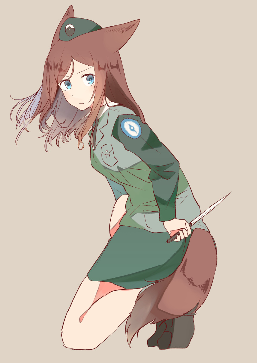 1girl absurdres animal_ears bangs beret black_footwear black_hair blue_eyes boots closed_mouth commentary dress_shirt emblem from_side frown full_body girls_und_panzer green_headwear green_jacket green_skirt grey_background hat highres holding holding_knife jacket japanese_tankery_league_(emblem) kemonomimi_mode kneeling knife leaning_forward long_hair long_sleeves looking_at_viewer looking_back megumi_(girls_und_panzer) military military_hat military_uniform miluke miniskirt pencil_skirt selection_university_(emblem) selection_university_military_uniform shirt simple_background skirt solo swept_bangs tail uniform white_shirt