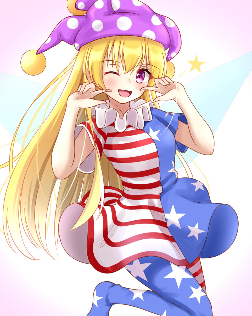 1girl ;d american_flag_dress american_flag_legwear bangs blonde_hair blue_dress blue_legwear blush breasts clownpiece commentary_request dress eyebrows_visible_through_hair fairy_wings feet_out_of_frame fingers_to_cheeks gradient gradient_background hair_between_eyes hands_up hat highres jester_cap long_hair looking_at_viewer musteflott419 neck_ruff no_shoes one_eye_closed open_mouth pink_background polka_dot polka_dot_hat purple_headwear red_dress red_legwear short_dress short_sleeves small_breasts smile solo star star_print striped striped_dress striped_legwear touhou very_long_hair violet_eyes white_background white_dress white_legwear wings