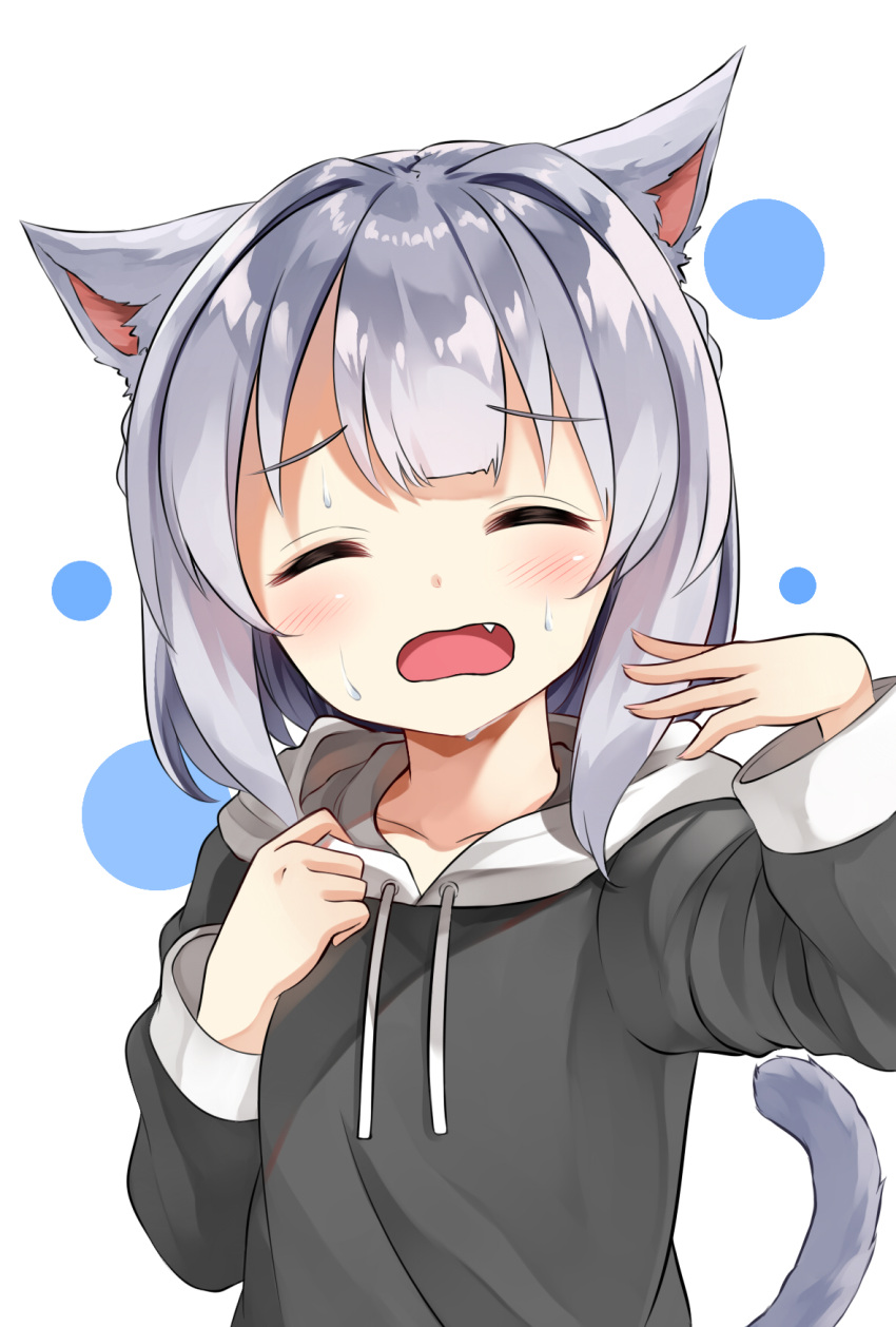 1girl animal_ears blush cat_ears cat_girl cat_tail closed_eyes collarbone commentary_request drawstring facing_viewer fang grey_hoodie hands_up highres hood hood_down hoodie hot long_sleeves open_mouth original silver_hair solo sora_(silent_square) sweat tail tail_raised upper_body white_background