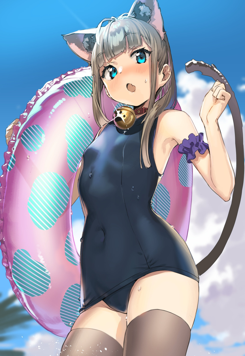 1girl :o absurdres animal_ear_fluff animal_ears arm_scrunchie armpits bangs bare_arms bare_shoulders bell blue_eyes blue_sky blue_swimsuit blunt_bangs blush breasts brown_legwear cat_ears cat_girl cat_tail clouds collar commentary_request competition_swimsuit copyright_request covered_navel cowboy_shot day eyebrows_visible_through_hair fang from_below glint grey_hair highres holding holding_innertube innertube jingle_bell kanzarin_(hoochikiss) long_hair looking_at_viewer looking_down nose_blush one-piece_swimsuit open_mouth outdoors sidelocks skin_fang sky small_breasts solo sweat swimsuit tail thigh-highs water_drop