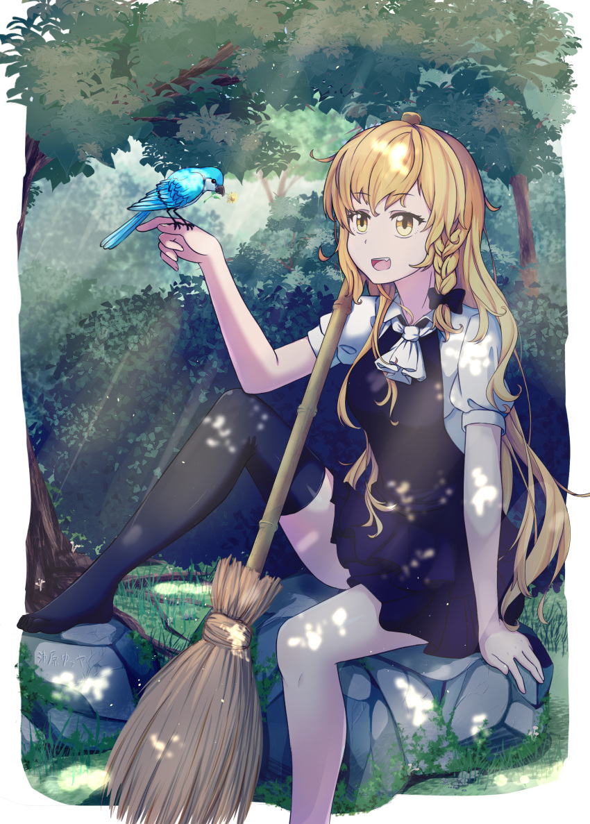 1girl :d absurdres ascot bangs bird black_bow black_dress black_legwear blonde_hair border bow braid breasts broom commentary_request dress eyebrows_visible_through_hair fang feet_out_of_frame forest grass hair_bow hand_up highres kirisame_marisa light_rays long_hair medium_breasts nature no_hat no_headwear no_shoes open_mouth outdoors outside_border peiyuan_yuuya puffy_short_sleeves puffy_sleeves rock shirt short_dress short_sleeves single_braid single_thighhigh sitting smile solo thigh-highs touhou tree very_long_hair white_border white_neckwear white_shirt yellow_eyes