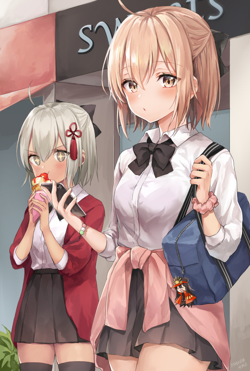 +_+ ahoge alternate_costume bag bangs black_ribbon black_skirt blonde_hair blush buttons cardigan cardigan_around_waist character_doll collared_shirt commentary cowboy_shot crepe dark_skin day eating eyebrows_visible_through_hair fate/grand_order fate_(series) food hair_between_eyes hair_ribbon highres holding holding_food ishita_umi koha-ace looking_at_viewer neck_ribbon oda_nobunaga_(fate) okita_souji_(alter)_(fate) okita_souji_(fate) okita_souji_(fate)_(all) outdoors pink_cardigan platinum_blonde_hair pleated_skirt red_cardigan ribbon school_bag school_uniform scrunchie shirt short_hair sidelocks skirt sparkling_eyes symbol-shaped_pupils white_shirt wrist_scrunchie yellow_eyes