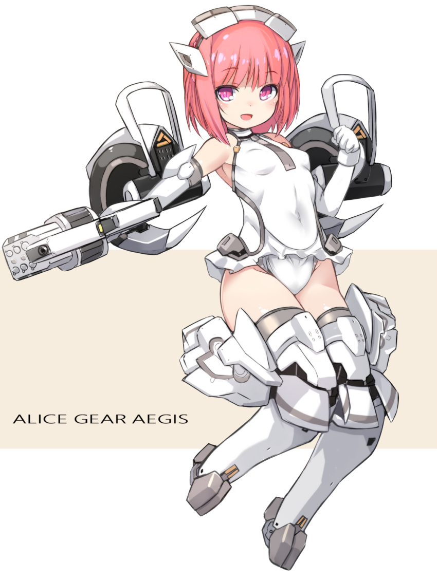 1girl :d aikawa_aika alice_gear_aegis armpit_crease bangs bare_shoulders blush breasts brown_background commentary_request copyright_name elbow_gloves eyebrows_visible_through_hair full_body gloves grey_legwear groin gun headgear highres holding holding_gun holding_weapon karukan_(monjya) leotard looking_at_viewer mecha_musume open_mouth pink_hair small_breasts smile solo thigh-highs two-tone_background violet_eyes weapon white_background white_gloves white_leotard