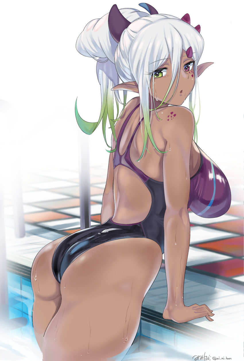 1girl :o arm_support ass back_cutout bare_shoulders breasts commentary_request competition_swimsuit dark_skin elf eyebrows_visible_through_hair from_behind gradient_hair green_eyes green_hair hair_between_eyes hair_ornament hairclip heterochromia highres impossible_clothes impossible_swimsuit large_breasts leaning_forward long_hair looking_at_viewer looking_back mi_mi_ham multicolored_hair one-piece_swimsuit open_mouth original pointy_ears ponytail pool pool_ladder poolside purple_swimsuit silver_hair simple_background solo swimsuit thighs tile_floor tiles twitter_username violet_eyes water water_drop wet white_background