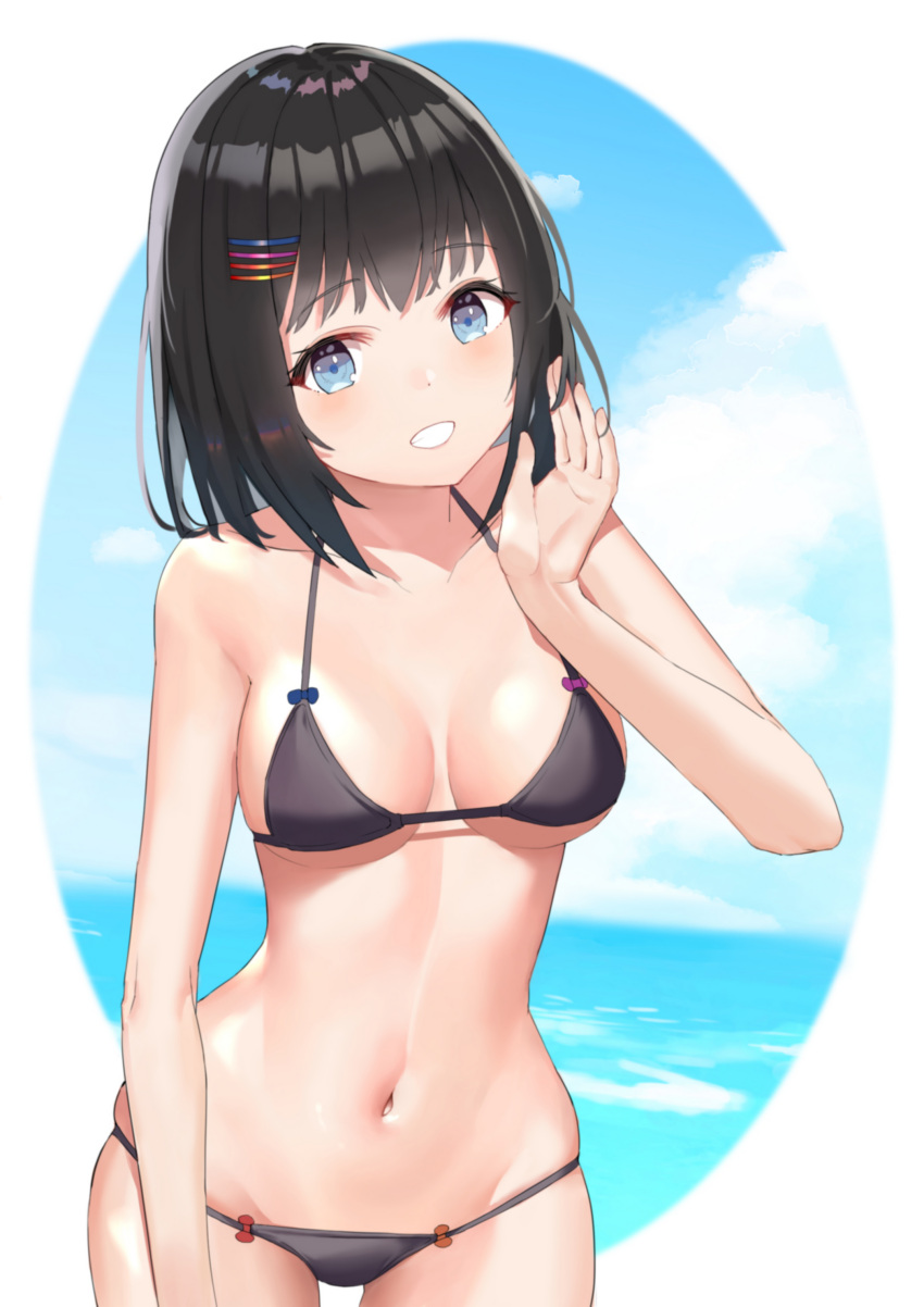 1girl absurdres artist_request bangs bikini black_bikini black_hair blue_eyes blue_sky blush breasts clouds collarbone cowboy_shot day dutch_angle eyebrows_visible_through_hair grin groin hair_ornament hairclip hand_up head_tilt highres looking_at_viewer lowleg lowleg_bikini medium_breasts navel ocean original outdoors outside_border shiny shiny_skin skindentation sky smile solo standing string_bikini swimsuit under_boob wide_hips