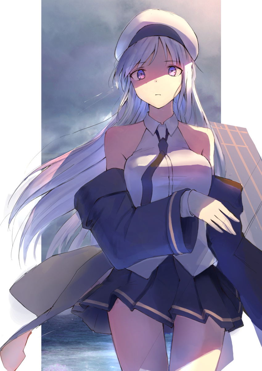 1girl azur_lane black_coat black_neckwear border closed_mouth clouds cloudy_sky coat collared_shirt commentary_request enterprise_(azur_lane) eyebrows_visible_through_hair flight_deck hat highres kneeichigo military military_hat miniskirt necktie ocean open_clothes open_coat peaked_cap shirt silver_hair skirt sky sleeveless sleeveless_shirt solo violet_eyes white_border white_headwear