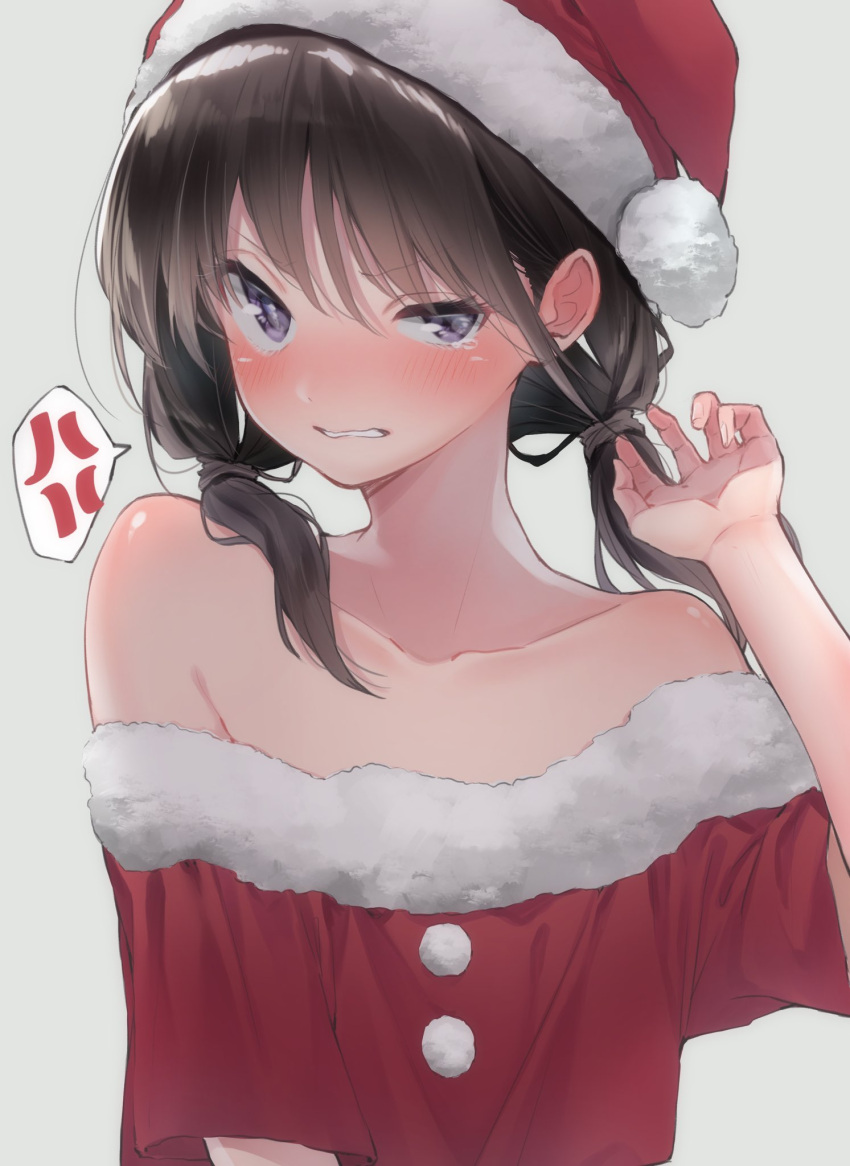 1girl anger_vein bare_shoulders black_hair blush christmas clenched_teeth collarbone commentary_request crop_top embarrassed flat_chest frown fur_trim furrowed_eyebrows grey_background hand_up hat highres long_hair low_twintails off-shoulder_shirt off_shoulder original parted_lips pom_pom_(clothes) red_headwear red_shirt rinku_(rin9) santa_costume santa_hat shirt short_sleeves simple_background solo spoken_anger_vein tearing_up teeth twintails uneven_eyes upper_body v-shaped_eyebrows violet_eyes wavy_mouth