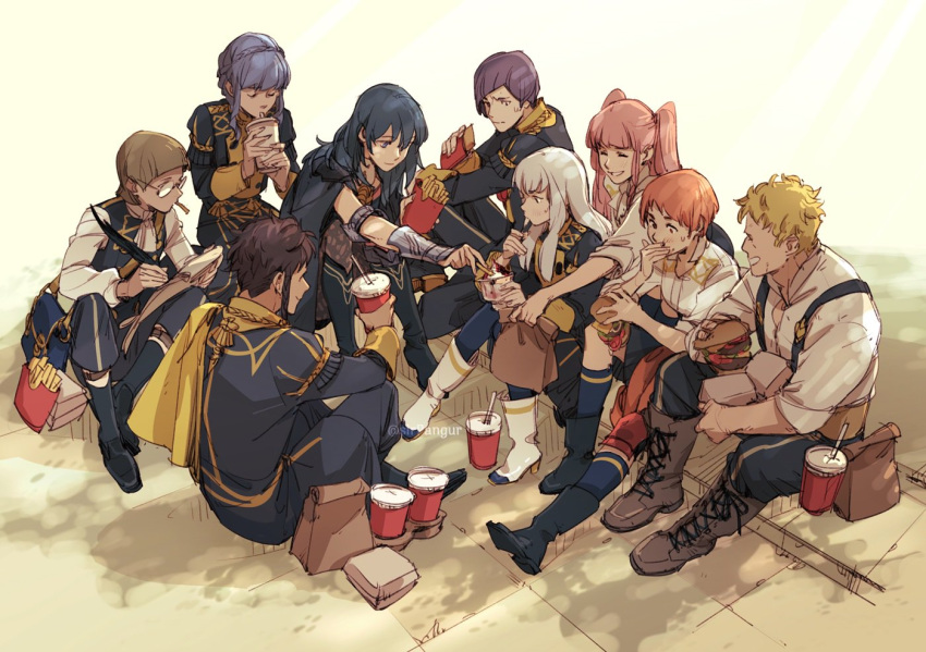 armor bangs belt blonde_hair blue_eyes blue_hair blunt_bangs blush braid braided_bun breasts brown_eyes brown_hair byleth_(fire_emblem) byleth_eisner_(female) cape claude_von_regan closed_mouth cravat crown_braid dark_skin dark_skinned_male drink epaulettes fire_emblem fire_emblem:_three_houses flower food glasses gloves hair_ornament hilda_valentine_goneril ignatz_victor jacket leonie_pinelli long_hair long_sleeves lysithea_von_ordelia marianne_von_edmund multiple_boys multiple_girls orange_eyes orange_hair pantyhose pink_eyes pink_hair shadow short_hair simple_background sir_pangur smile twintails uniform violet_eyes white_background white_hair