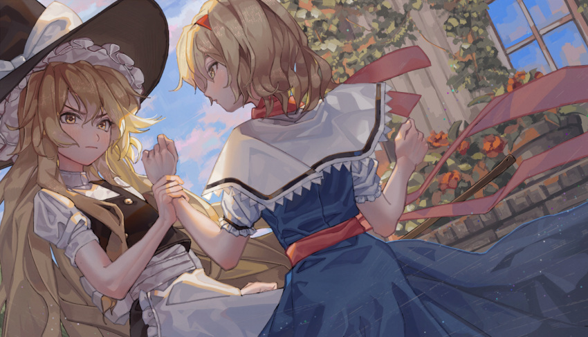 2girls alice_margatroid apron arm_grab bangs black_headwear black_skirt black_vest blonde_hair blue_dress blue_sky blush bow capelet clouds cowboy_shot day dress dutch_angle flower frilled_apron frills from_behind grabbing hair_between_eyes hairband hands_up hat hat_bow kirisame_marisa long_hair looking_at_another maachi_(fsam4547) multiple_girls outdoors profile puffy_short_sleeves puffy_sleeves red_flower red_hairband red_neckwear red_sash sash shirt short_hair short_sleeves skirt skirt_set sky standing touhou v-shaped_eyebrows very_long_hair vest waist_apron white_apron white_bow white_capelet white_shirt witch_hat yellow_eyes