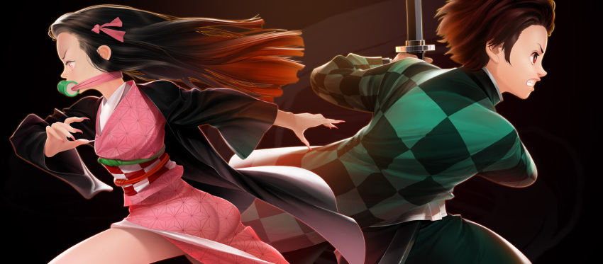 1boy 1girl bamboo bit_gag black_background black_hair brother_and_sister brown_hair checkered fingernails gag hair_ribbon highres japanese_clothes kamado_nezuko kamado_tanjirou kimetsu_no_yaiba kimono long_hair moonhee_kim mouth_hold obi pink_eyes pink_kimono pink_nails pink_ribbon red_eyes ribbon running sash siblings simple_background standing sword weapon