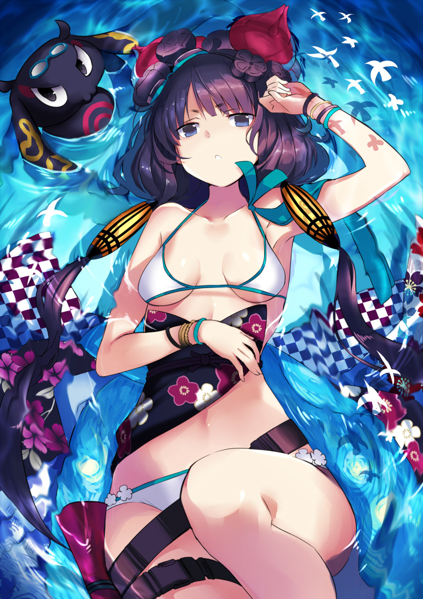 1girl bangs bare_shoulders belt bikini blush bracelet breasts collarbone fate/grand_order fate_(series) floral_print goggles goggles_on_head hair_ornament highres jewelry karlwolf katsushika_hokusai_(fate/grand_order) katsushika_hokusai_(swimsuit_saber)_(fate) looking_at_viewer lying navel octopus on_back parted_lips purple_hair sash short_hair sidelocks swimsuit thigh_strap thighs tokitarou_(fate/grand_order) violet_eyes water white_bikini