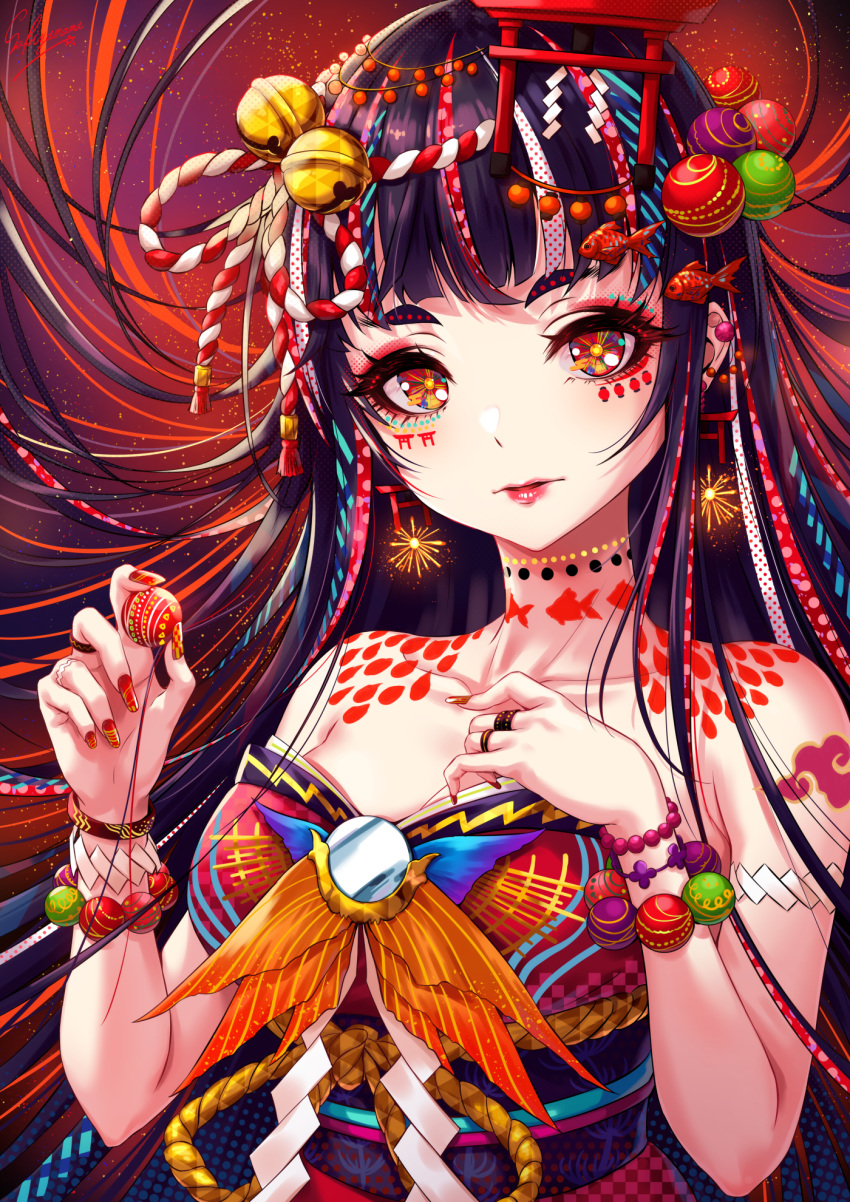 1girl aerial_fireworks animal_print arm_strap arm_tattoo bangs bare_shoulders bead_bracelet beads bell black_hair bracelet breast_suppress checkered choker cloud_print collarbone commentary_request earrings fireworks fish fish_hair_ornament fish_print floating_hair goldfish hair_bell hair_ornament highlights highres holding japanese_clothes jewelry jingle_bell kimono lantern light_particles lipstick long_hair looking_at_viewer makeup mirror multicolored multicolored_eyes multicolored_hair multiple_rings nail_art nail_polish neck_tattoo obi orange_eyes original paper_lantern parted_lips polka_dot red_background red_lipstick red_nails redhead ribbon ring rope sakiyamama sash shide shoulder_tattoo signature solo strapless streaked_hair string summer_festival surreal symbol_in_eye tattoo torii_earrings torii_hair_ornament unmoving_pattern upper_body water_yoyo