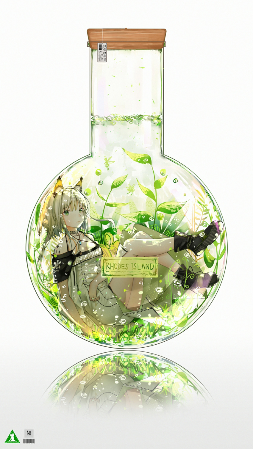 1girl air_bubble animal_ears arknights black_footwear bottle breasts bubble flask full_body green_eyes highres in_bottle in_container kal'tsit looking_at_viewer seaweed sitting small_breasts solo underwater watermark white_background white_hair yuuki_mix