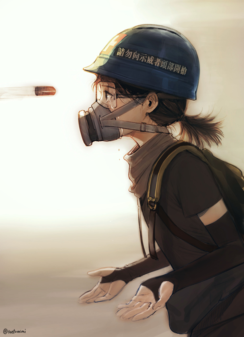 1girl absurdres backpack bag black_shirt bullet crying crying_with_eyes_open detached_sleeves gradient gradient_background helmet highres looking_to_the_side mask mimiszeto original outstretched_hand ponytail safety_glasses scarf shirt signature t-shirt tears translation_request
