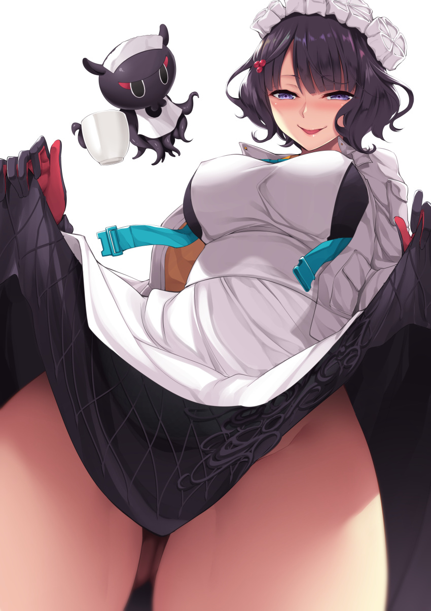 1girl absurdres alternate_costume apron ass_visible_through_thighs bangs black_dress blush breasts cup dress dress_lift enmaided fate/grand_order fate_(series) gloves grey_jacket hair_ornament hairpin heroic_spirit_festival_outfit highres jacket katsushika_hokusai_(fate/grand_order) large_breasts long_sleeves looking_at_viewer maid nakano_sora octopus open_clothes open_jacket purple_hair simple_background teacup thighs tokitarou_(fate/grand_order) violet_eyes white_apron white_background