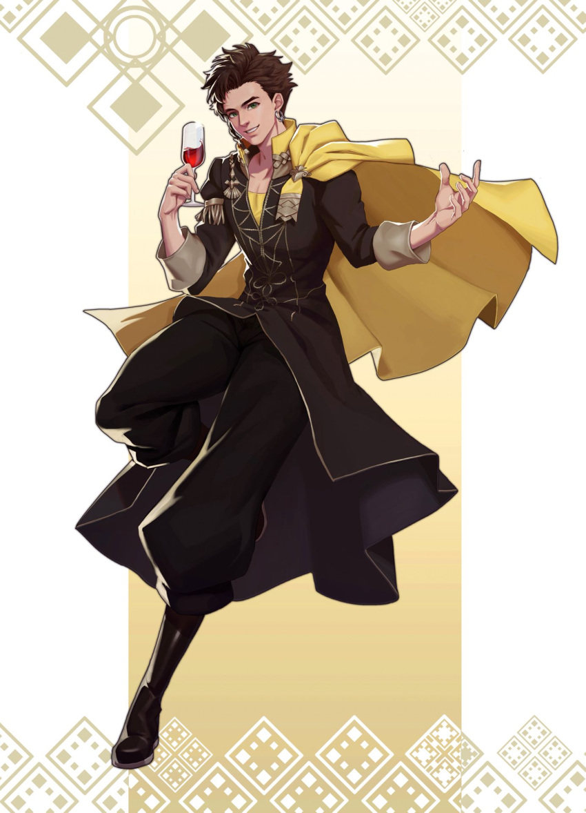 1boy boots brown_hair cape claude_von_regan cup dark_skin drinking_glass earrings ergsdf fire_emblem fire_emblem:_three_houses green_eyes highres jewelry male_focus solo teeth white_background wine_glass