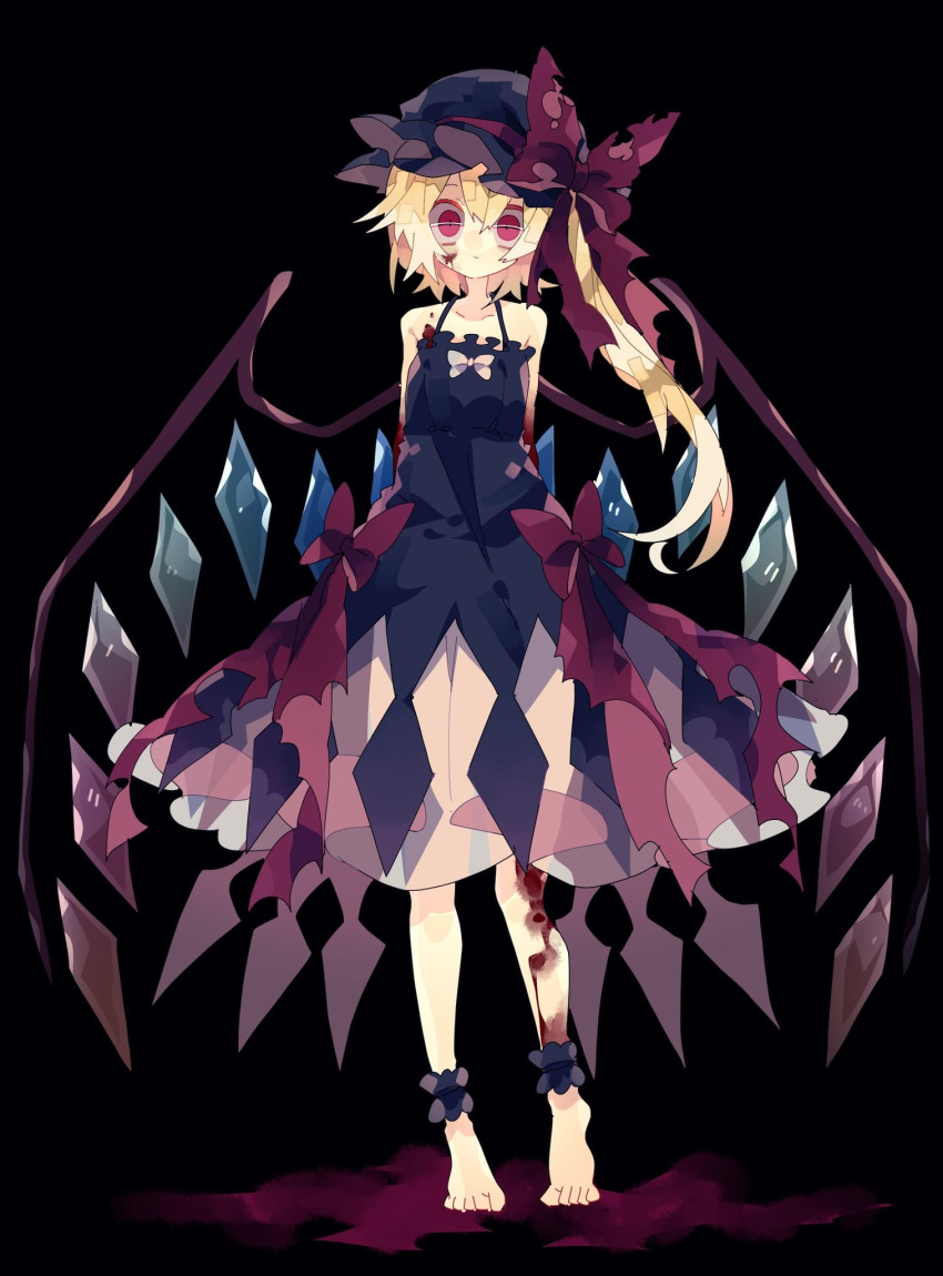 1girl arms_behind_back bangs black_background black_dress black_headwear blonde_hair blood blood_on_face bloody_hands bow closed_mouth crazy_eyes crystal dress flandre_scarlet frills full_body hair_between_eyes hat hat_bow hat_ribbon highres looking_at_viewer mob_cap nikorashi-ka ponytail red_eyes ribbon side_ponytail simple_background sleeveless sleeveless_dress solo torn_bow torn_clothes torn_ribbon touhou wings