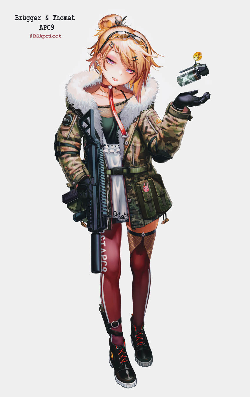 1girl absurdres bangs black-framed_eyewear black_dress black_footwear black_gloves camouflage_jacket choker collarbone commentary danielle_brindle dress ear_piercing earrings emoticon english_commentary explosive eyebrows_visible_through_hair eyewear_on_head full_body girls_frontline gloves grenade grey_background gun hair_ornament hairclip half-closed_eyes head_tilt highres holding holding_gun holding_weapon jacket jewelry light_brown_hair long_sleeves one_side_up open_clothes open_jacket orange-tinted_eyewear original parted_lips piercing red_choker red_legwear shoes short_hair simple_background single_leg_pantyhose single_thighhigh smile solo standing sunglasses suppressor thigh-highs violet_eyes weapon weapon_request white_dress