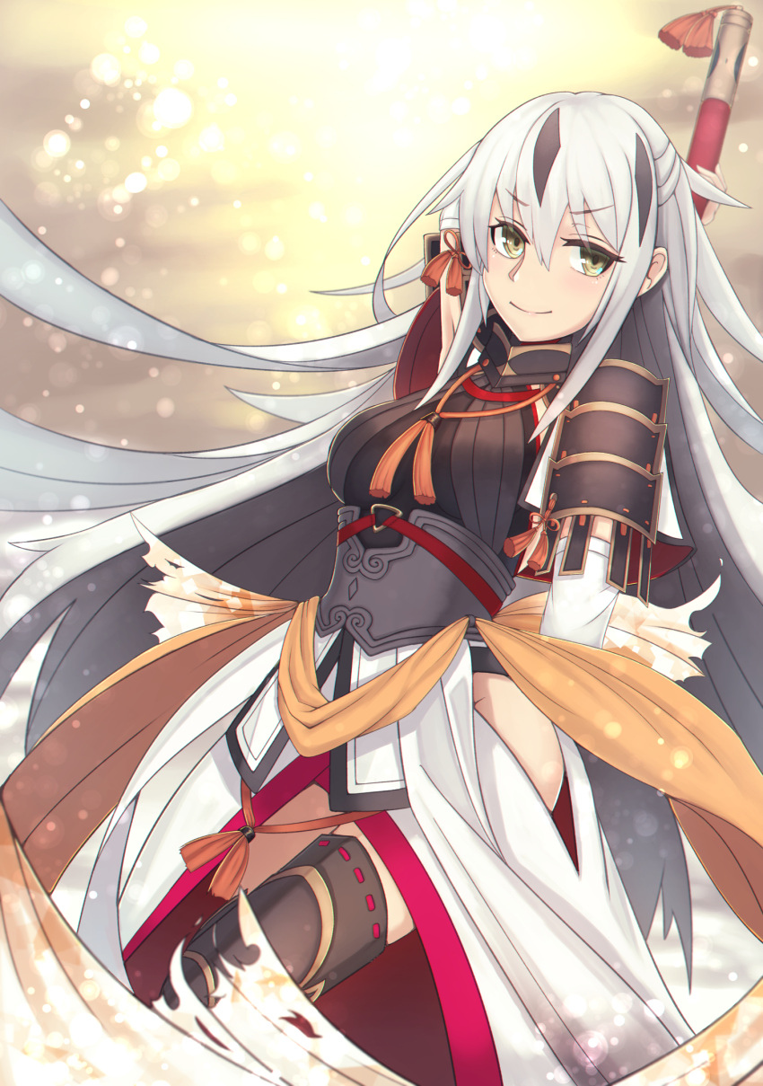 1girl arm_behind_head armor armored_dress bangs black_armor black_hair black_legwear blurry bokeh closed_mouth commentary_request depth_of_field dress dutch_angle eyebrows_visible_through_hair fate/grand_order fate_(series) highres holding holding_staff japanese_armor long_dress long_hair looking_at_viewer multicolored_hair nagao_kagetora_(fate) object_behind_back overskirt pauldrons ribbon-trimmed_legwear ribbon_trim side_slit smile solo staff standing streaked_hair tacch thigh-highs two-tone_hair very_long_hair white_hair yellow_eyes