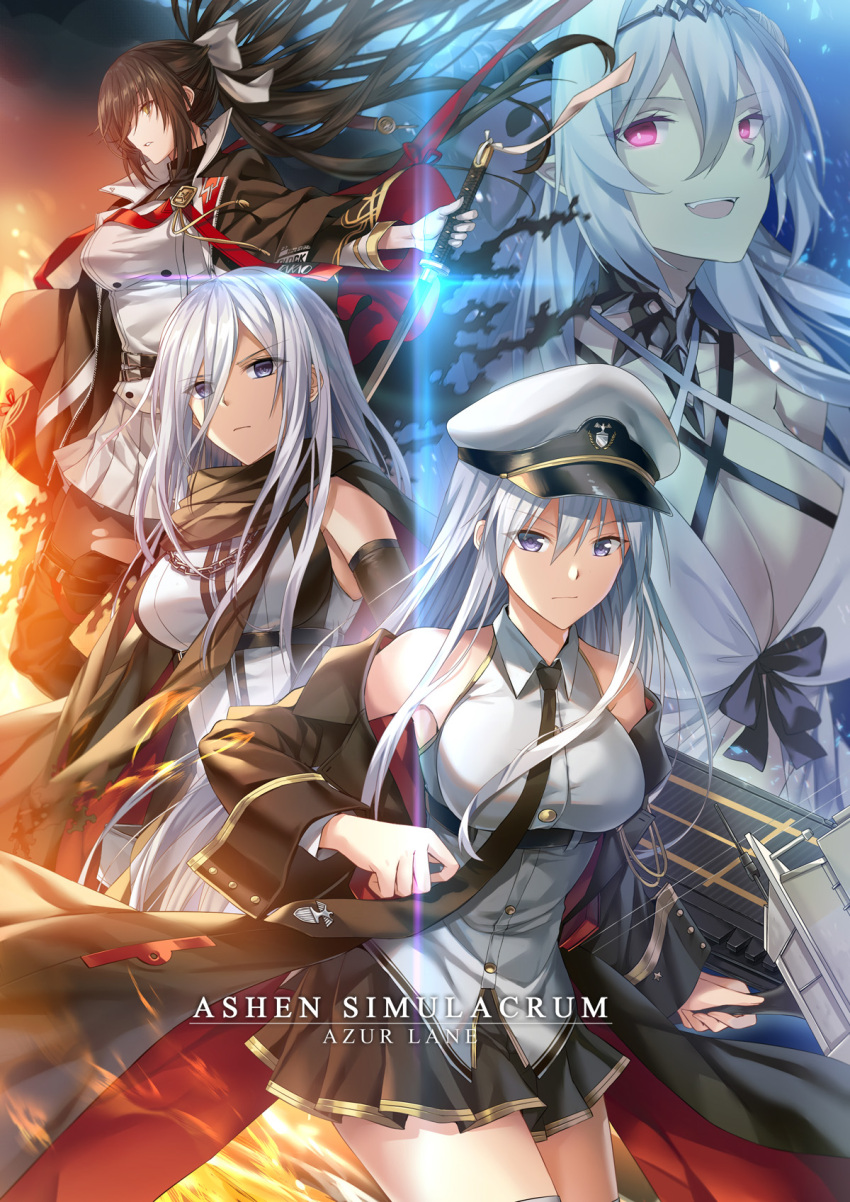 4girls :d azur_lane bangs bare_shoulders black_coat black_hair black_neckwear bow breasts brown_eyes character_request coat code_g_(azur_lane) code_t_(azur_lane) collared_shirt cuff_links dark_persona enterprise_(azur_lane) expressionless flight_deck floating_hair gloves hair_between_eyes hair_bow hair_over_one_eye hat highres holding holding_sword holding_weapon katana large_breasts lens_flare long_hair long_sleeves looking_at_viewer luzi military military_uniform multiple_girls necktie open_clothes open_coat open_mouth parted_lips peaked_cap pleated_skirt pointy_ears rigging scarf shirt silver_hair skirt sleeveless sleeveless_shirt smile standing sword takao_(azur_lane) thigh-highs uniform very_long_hair violet_eyes weapon