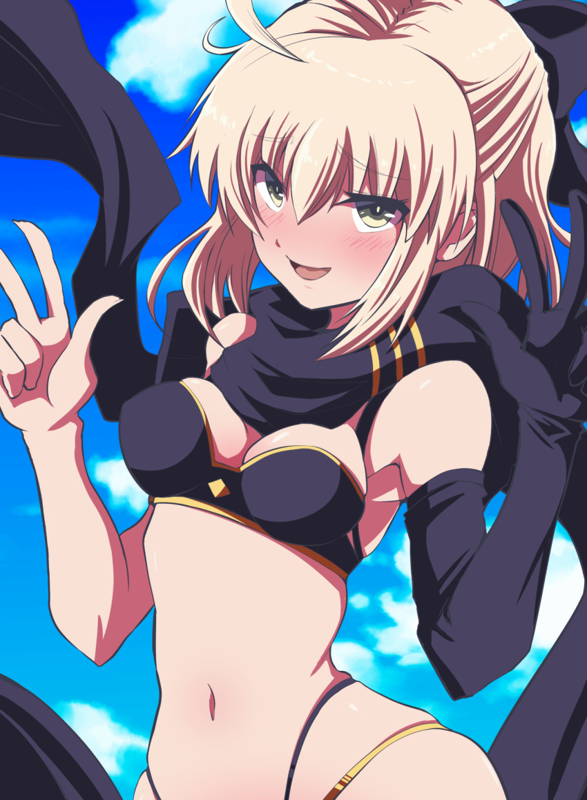 1girl ahoge bare_shoulders bikini black_bikini black_gloves black_scarf blush bow breasts brown_eyes double_v elbow_gloves fate/grand_order fate_(series) fujitaka_nasu gloves hair_bow highres large_breasts light_brown_hair looking_at_viewer navel okita_souji_(fate) okita_souji_(fate)_(all) open_mouth scarf short_hair single_glove smile solo swimsuit v