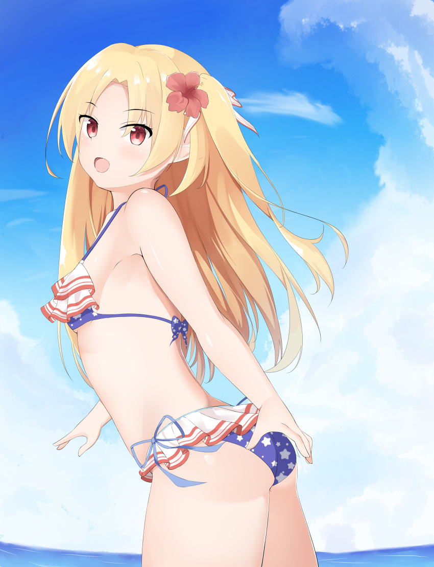 1girl :d absurdres american_flag_bikini ass azur_lane bangs bare_arms bare_shoulders bikini blonde_hair blue_bikini blue_sky blush breasts cleveland_(azur_lane) clouds collarbone day eyebrows_visible_through_hair flag_print flower forehead hair_flower hair_ornament hibiscus highres horizon leaning_forward long_hair one_side_up open_mouth outdoors parted_bangs print_bikini red_eyes red_flower roido_(taniko-t-1218) side-tie_bikini sky small_breasts smile solo star star_print swimsuit v-shaped_eyebrows very_long_hair water