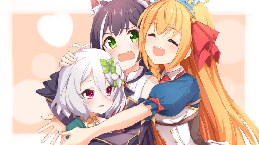 3girls :d ahoge ame. animal_ear_fluff animal_ears antenna_hair bangs bare_shoulders black_hair blush braid brown_hair cat_ears closed_eyes commentary_request detached_sleeves eyebrows_visible_through_hair flower girl_sandwich green_eyes hair_between_eyes hair_flower hair_ornament hair_ribbon heart hug kokkoro_(princess_connect!) kyaru_(princess_connect) long_hair long_sleeves multicolored_hair multiple_girls open_mouth pecorine princess_connect! princess_connect!_re:dive puffy_short_sleeves puffy_sleeves purple_sleeves red_ribbon ribbon round_teeth sandwiched shirt short_sleeves silver_hair single_braid sleeveless sleeveless_shirt smile streaked_hair teeth tiara upper_teeth very_long_hair violet_eyes wavy_mouth white_flower white_hair white_shirt