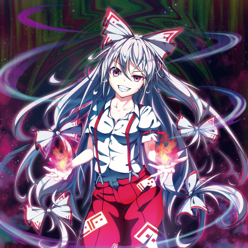 1girl absurdres album_cover album_name bangs bow breasts collarbone commentary_request cover cowboy_shot eyebrows_visible_through_hair fire flame fujiwara_no_mokou grin hair_between_eyes hair_bow head_tilt highres long_hair looking_at_viewer medium_breasts ofuda pants puffy_short_sleeves puffy_sleeves red_eyes red_pants shirt short_sleeves silver_hair smile solo suspenders touhou uneven_eyes very_long_hair white_bow white_shirt yamanakaume