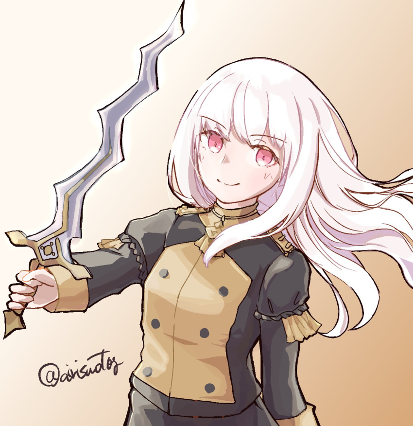 1girl airisuotog bangs blush epaulettes fire_emblem fire_emblem:_three_houses highres jacket long_hair long_sleeves looking_at_viewer lysithea_von_ordelia pink_eyes simple_background smile solo sword uniform upper_body violet_eyes weapon white_background white_hair